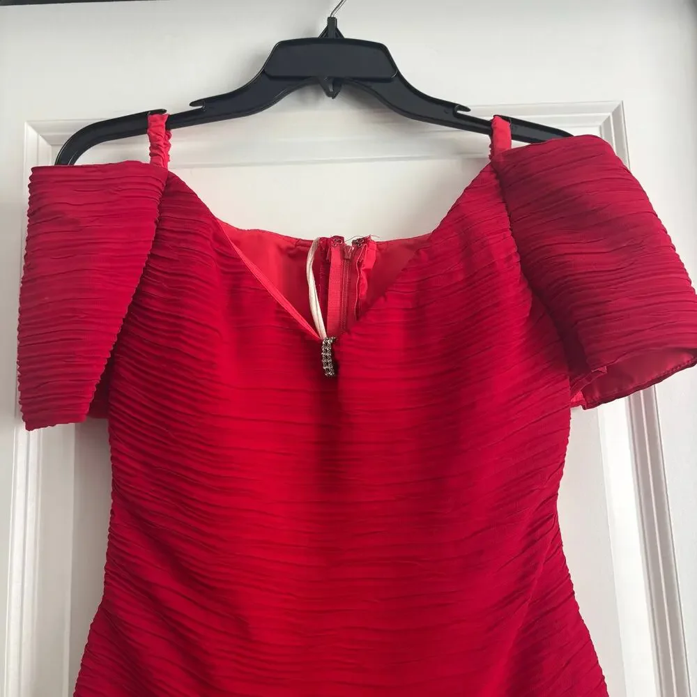 Vintage Bari Jay 80s 90s Red Crinkle Pleated Off Shoulder Prom Midi Dress 5/6